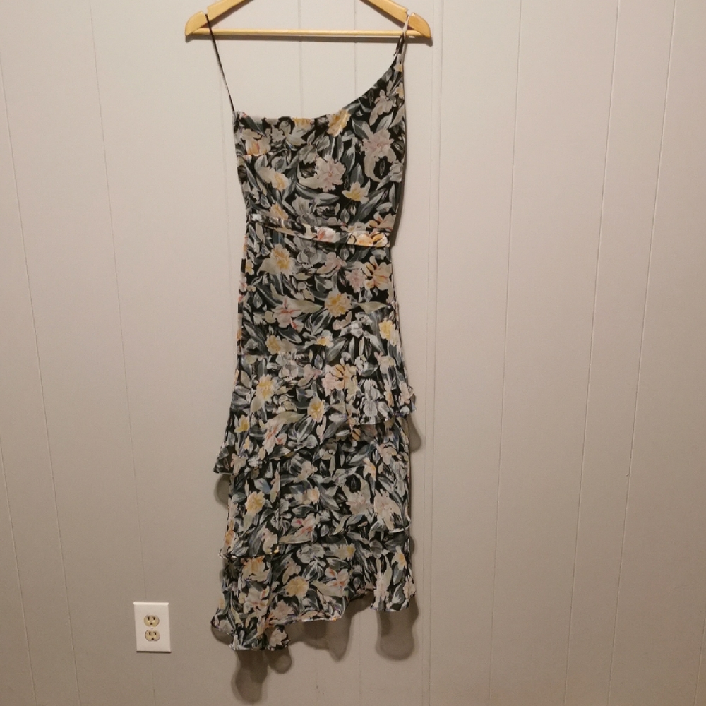 Petal & Pup One-Shoulder Floral Ruffle Midi Dress - Green with Pink & Yellow